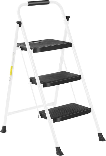 Heavy Duty 3-Step Ladder with Handle, Foldable & Portable, 330 Lbs